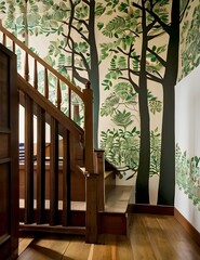 Interior view of landing with wooden banister, wallpaper with green and brown tree pattern, open...