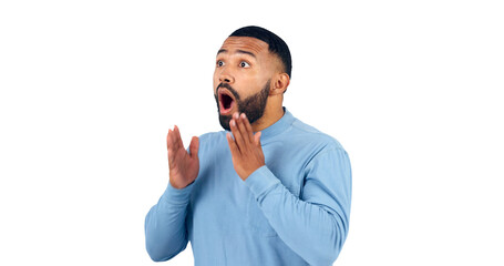 News, announcement and man with surprise on face for drama in transparent, isolated or png background. Wow, emoji and shocked person excited for secret or hearing crazy gossip, information or story