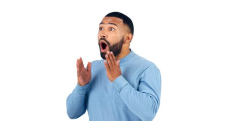 News, announcement and man with surprise on face for drama in transparent, isolated or png background. Wow, emoji and shocked person excited for secret or hearing crazy gossip, information or story