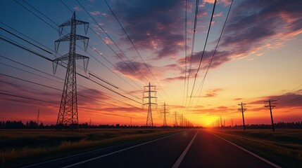 the sun is setting behind a couple of power lines, in the style of light maroon and light green, free-flowing lines, dark blue and yellow, tenwave, uhd image, non-representational, post processing