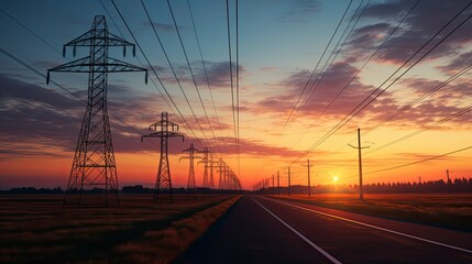 the sun is setting behind a couple of power lines, in the style of light maroon and light green, free-flowing lines, dark blue and yellow, tenwave, uhd image, non-representational, post processing