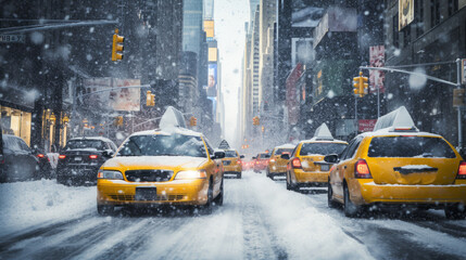 The most beautiful snowy street of the city with yellow taxi cars on the roads during the snowfall.