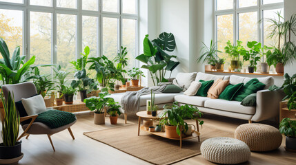 Indoor plants in modern living room interior.