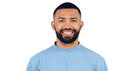 Man, portrait and smile with confidence for fashion with casual outfit, shirt and trendy style with beard. Face, happy and person with optimism and good mood isolated on a png transparent background