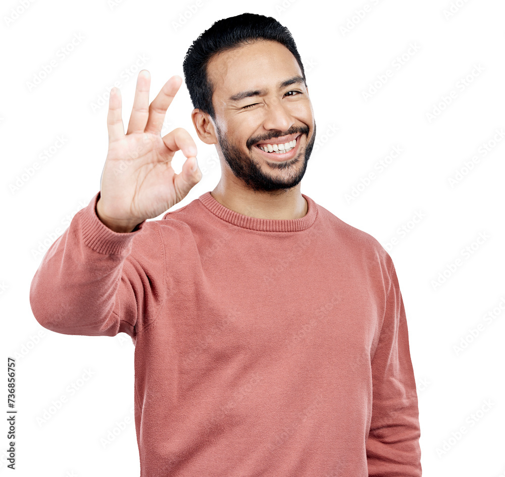 Poster Happy, portrait and asian man with perfect, hands or wink for support on isolated, transparent or png background. Smile, face and Japanese model with OK, emoji or eye sign for you got this motivation