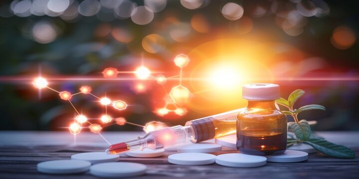 A Vaccine Vial and Syringe Amidst Glowing Molecular Structures, Symbolizing the Intersection of Nature and Pharmaceuticals, Generative AI