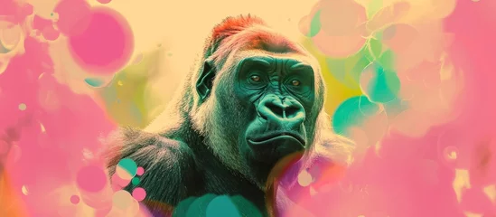 Fotobehang A primate with a wrinkled snout is standing in front of a colorful background, surrounded by grass. It looks like a fictional character from an art event or performing arts entertainment © 2rogan