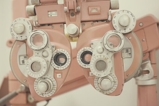 Closeup vintage pink optometer (phoropter)