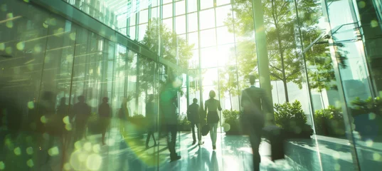 Fotobehang Corporate, building and business group of people walking for city exploration, sustainable living or office. Blurry, silhouette and movement background for architecture, wallpaper and eco friendly © ChanelBot/Peopleimages - AI