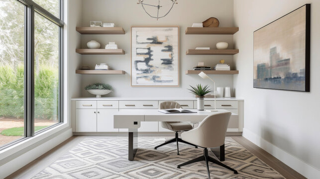 A minimalist home office with a sleek and modern design. A white desk and chair are paired with a geometric rug and shelves above the desk hold neatly organized office supplies.