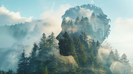 Mindfulness, human and abstract environmental mockup for meditation, zen and ecosystem. Head silhouette, double exposure effect and green overlay backdrop for wallpaper, copyspace and sustainability