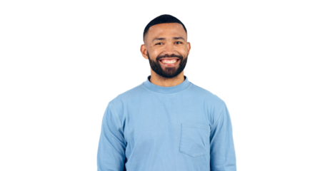Man, portrait and happy with confidence for relax with casual fashion, outfit and trendy style with beard. Face, smile and person with optimism and good mood isolated on a png transparent background
