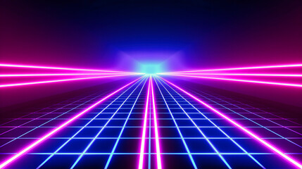 Retro Neon Dreams: A Vibrant 80s-Inspired Grid Landscape, Illuminated by Glowing Neon Lights and Futuristic Vibes