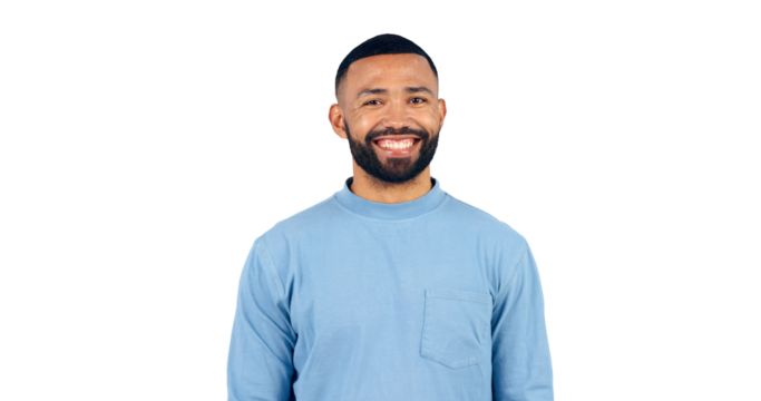 Man, portrait and happy with confidence for relax with casual fashion, outfit and trendy style with beard. Face, smile and person with optimism and good mood isolated on a png transparent background