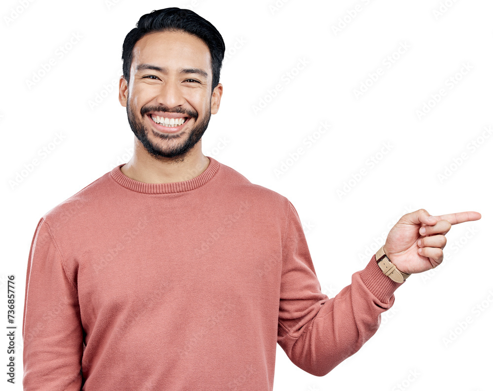 Poster man, portrait and pointing to announcement or information for advertising, marketing and promotion w