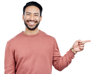 Man, portrait and pointing to announcement or information for advertising, marketing and promotion with direction. Happy, decision or person with hand gesture isolated on a png transparent background
