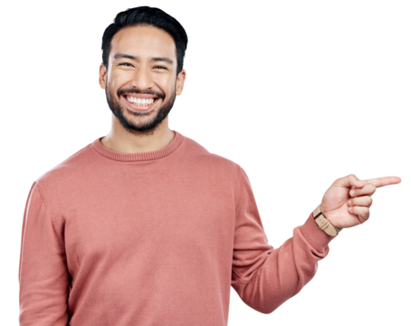 Man, portrait and pointing to announcement or information for advertising, marketing and promotion with direction. Happy, decision or person with hand gesture isolated on a png transparent background