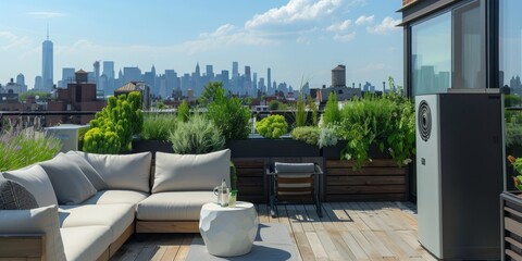 Fototapeta premium A Heat Pump at Modern and Stylish Balcony Overlooking the Bustling City Skyline, with Comfortable Lounge Furniture and Lush Greenery, Inviting Relaxation Amidst the Sky Scrapers, Generative AI