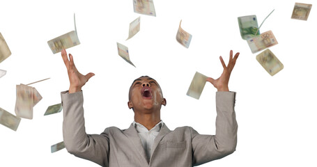 Money rain, celebration and excited businessman with poker award on isolated, transparent or png...
