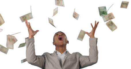 Money rain, celebration and excited businessman with poker award on isolated, transparent or png background. Cash, splash and male winner with investment, success or startup profit growth or savings