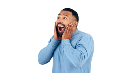 Surprise, news and face of man with announcement of drama in transparent, isolated or png background. Wow, emoji and shocked person excited for secret or hearing crazy gossip, information or story