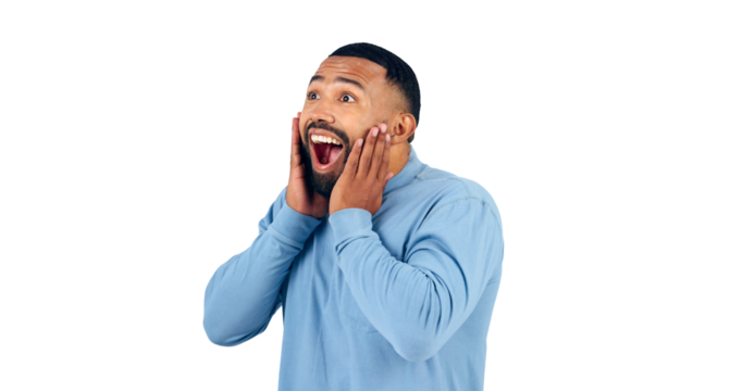 Surprise, news and face of man with announcement of drama in transparent, isolated or png background. Wow, emoji and shocked person excited for secret or hearing crazy gossip, information or story