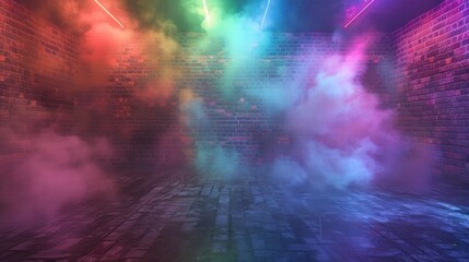 Background of an empty room with brick walls and neon lights, laser lines and multi-colored smoke