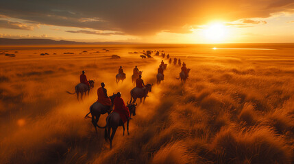 Sunset Silhouettes: Elephant Herd and Maasai hunter gather Warriors in a Breathtaking African Savannah Evening March