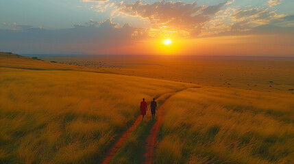 Tranquil Journey at Dusk: Two Maasai Friends Walking Together in the Vast Serenity of the African Savannah