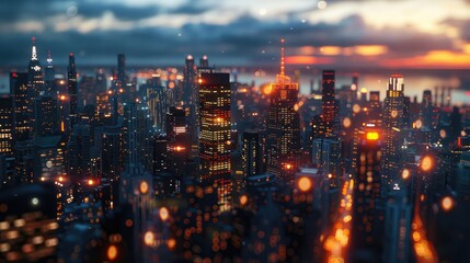 Obraz premium Bright glowing lights of district in megapolis under dusk sky in evening on blurred background