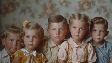 Vintage colored photo of family children with boys and girls from caucasian family from 1950s