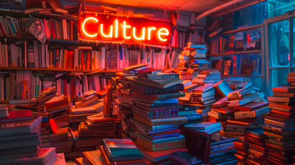 Culture concept image with stack of books in a bookshop or a library and sign with written word culture