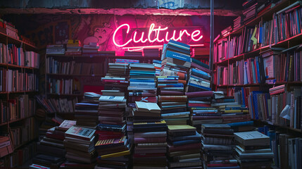 Culture concept image with stack of books in a bookshop or a library and sign with written word culture