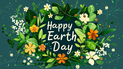 Happy Earth Day illustration background with green plants and round earth in the middle to celebrate April 22 world earth day - obrazy, fototapety, plakaty