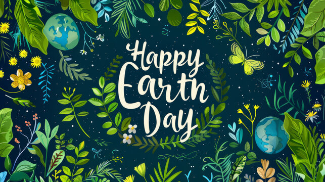 Happy Earth Day illustration background with green plants and round earth in the middle to celebrate April 22 world earth day