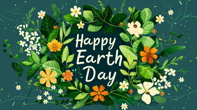Happy Earth Day illustration background with green plants and round earth in the middle to celebrate April 22 world earth day