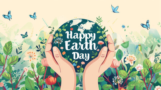 Happy Earth Day illustration background with green plants and round earth in the middle to celebrate April 22 world earth day - Powered by Adobe