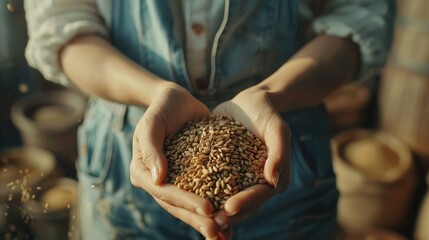Close up of woman hands holding wheat grains, factory engineer quality control in mill flour. - Powered by Adobe