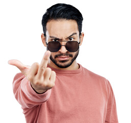 Fototapeta premium Portrait, sunglasses and rude man with middle finger, opinion and isolated on transparent png background. Frustrated, angry and face of person with offensive hand gesture, hate and conflict problem