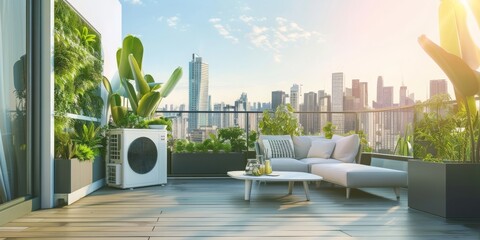 A Heat Pump at Modern and Stylish Balcony Overlooking the Bustling City Skyline, with Comfortable Lounge Furniture and Lush Greenery, Inviting Relaxation Amidst the Sky Scrapers, Generative AI - obrazy, fototapety, plakaty