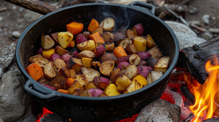 A colorful medley of root vegetables and wild mushrooms cooked in a rustic Dutch oven over a flickering fire. The vegetables have absorbed the smoky flavors of the fire resulting