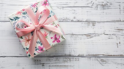 Floral pattern gift box tied with pink ribbon on white wooden background with copy space