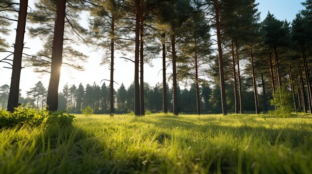 ultra realistic photo of beautiful nature with pine trees and sky, summer, soft sunlight breaks through the pine trees, a clearing in front of the forest