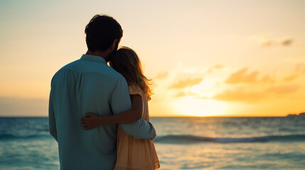 Couple Embracing at Sunset by the Sea. Intimate Moments and Romantic Coastal Getaway Concept