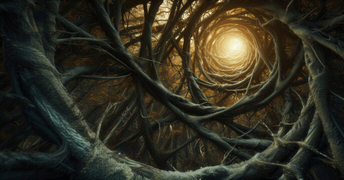 A labyrinth of twisting growth teeming with life as vines entwine and entangle in a fierce battle for light and space.