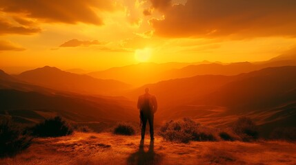 Golden Hour Glow: Capture the majestic silhouette of mountains against a backdrop of warm, man-stand backside view, landscape, Nature