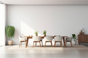Fototapeta premium Step into a contemporary apartment featuring an elegant dining room and a minimalist living room with white walls. Ideal for modern living and interior inspiration.