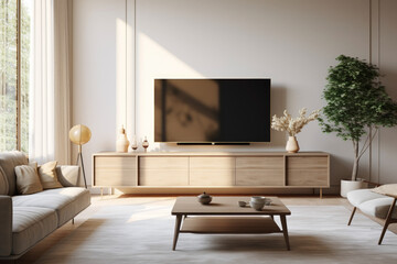 Embrace the warm, cozy feel of a Scandinavian decor living room, featuring a sleek TV cabinet and natural morning lighting for a peaceful, stylish home.