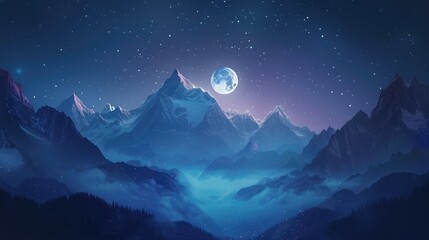 Night mountains landscape with moon light. Beauty nature background