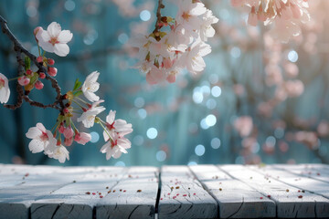 Empty wooden table in spring season with garden bokeh background . AI generated illustration - obrazy, fototapety, plakaty